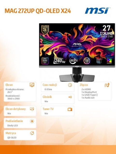 Monitor MAG 272UP QD-OLED X24/26.5/LED/Flat/QD-OLED/UHD/240Hz/Czarny