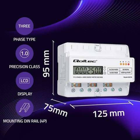 Trójfazowy elektroniczny licznik | miernik zużycia energii na szynę DIN | 400V | 100A | LCD | LED | 7P