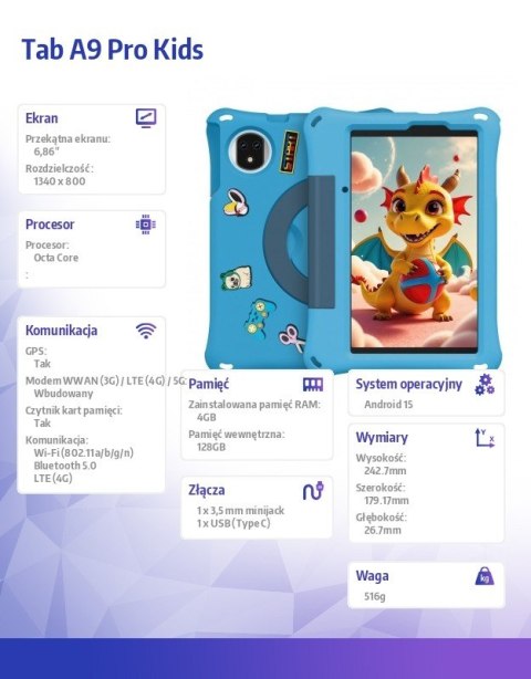 Tablet Tab A9 Pro Kids 4G 8" 4/128GB z etui dla dzieci Niebieski