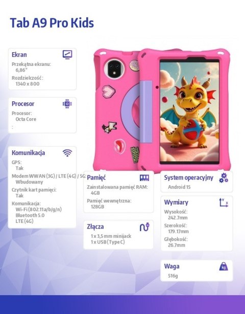 Tablet Tab A9 Pro Kids 4G 8" 4/128GB z etui dla dzieci różowy