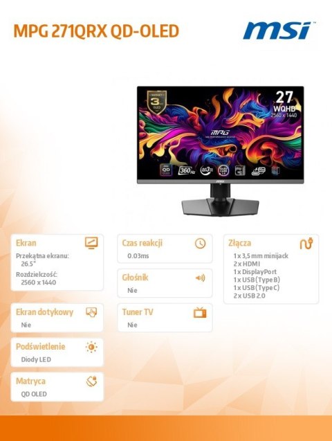 Monitor MPG 271QRX QD-OLED 26.5 cala/LED/WQHD/FLAT/360Hz/Czarny