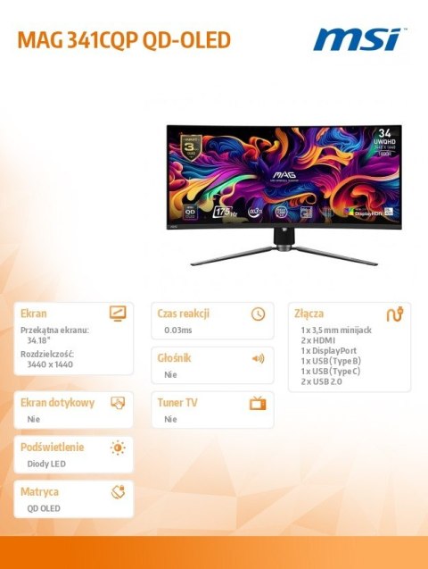 Monitor MAG 341CQP QD-OLED 34 cale/QD-LED/UWQHD/Zakrzywiony/175Hz/Czarny