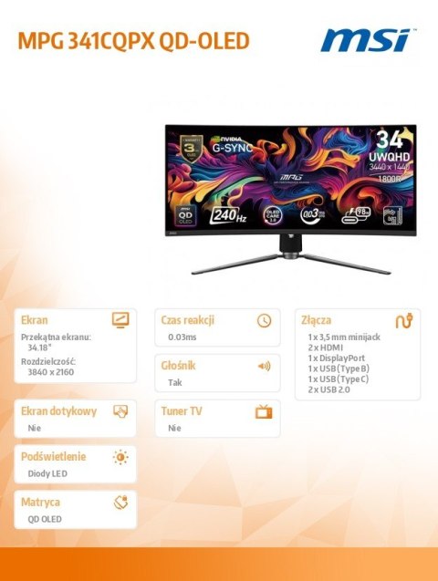 Monitor MPG 341CQPX QD-OLED 34 cale/LED/UWQHD/Zakrzywiony/240Hz/Czarny