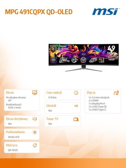Monitor MPG 491CQPX QD-OLED LED/QD-LED/Zakrzywiony/240Hz/49 cali/Czarny