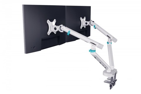 Ramię biurkowe podwójne z zaciskiem i sprężyną mechaniczną 2x LCD max. 35" obciążenie 2x10kg, VESA: 75x75, 100x100, białe
