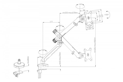 Ramię biurkowe pojedyncze z zaciskiem i sprężyną mechaniczną 1x LCD max. 35" 10kg, VESA: 75x75, 100x100, czarne