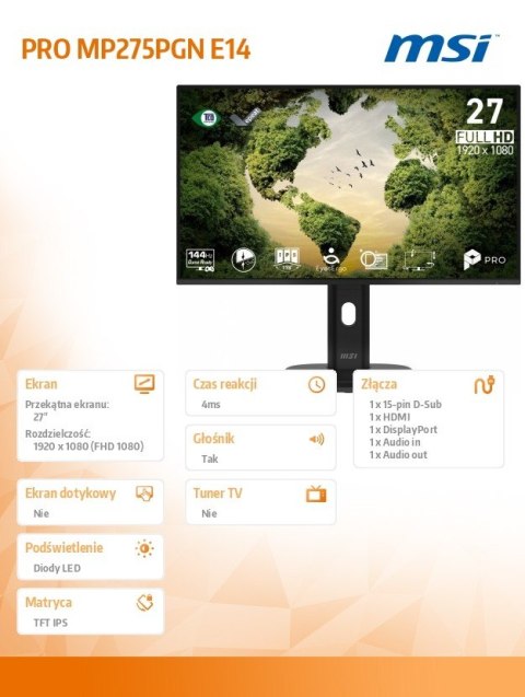 Monitor PRO MP275PGN E14 27 cali/LED/FHD/Zakrzywiony/144Hz/Czarny