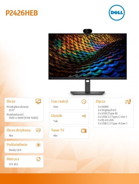 Monitor P2426HEB 23.8 cala IPS FHD (1920x1080)/16:9/HDMI/2xDP/5xUSB/2xUSB-C/RJ45/Camera/Głośniki/3Y