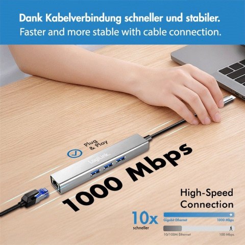 HUB USB3.2 3xUSB-A, 1x RJ45 Gigabit Ethernet