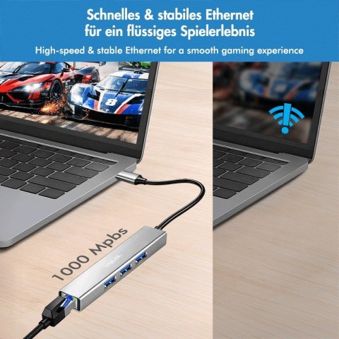 HUB USB3.2 3xUSB-A, 1x RJ45 Gigabit Ethernet