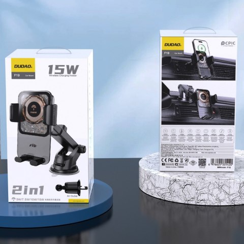 Uchwyt samochodowy zaciskowy z ładowarką indukcyjną 15W - czarny