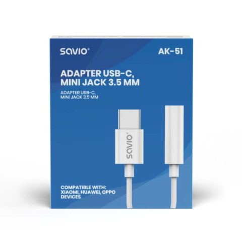 Adapter USB-C - Mini Jack 3,5mm, Xiaomi, Huawei, Oppo, AK-51 Savio