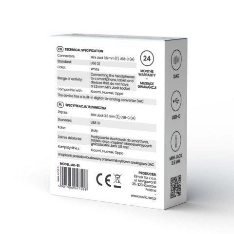 Adapter USB-C - Mini Jack 3,5mm, Xiaomi, Huawei, Oppo, AK-51 Savio