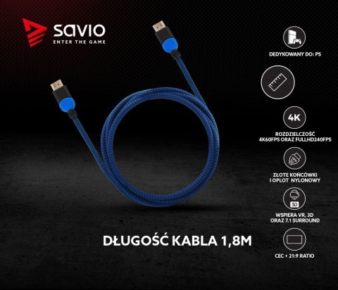 Kabel HDMI 2.0 niebiesko-czarny 1,8m, GCL-02 Savio