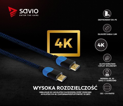 Kabel HDMI 2.0 niebiesko-czarny 1,8m, GCL-02 Savio