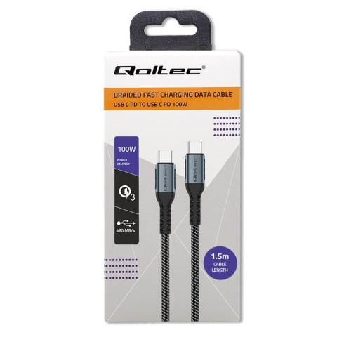 Kabel USB 2.0 typ C | USB 2.0 typ C 100W | QC 3.0| PD | 1.5m | Czarny Qoltec