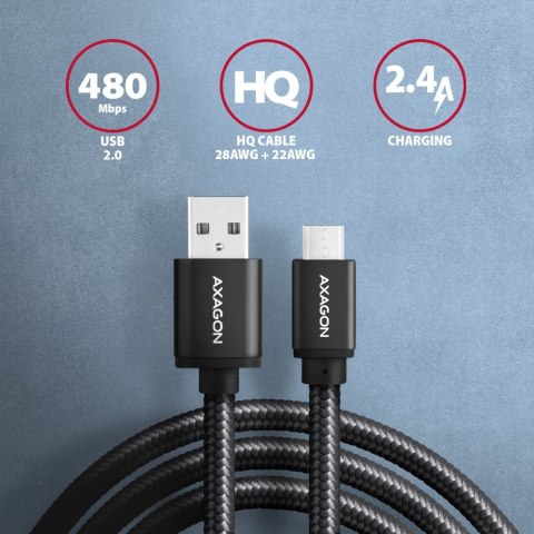 BUMM-AM15AB Kabel MicroUSB - USB-A, 1.5m, USB 2.0, 2.4A, ALU, oplot, Czarny AXAGON