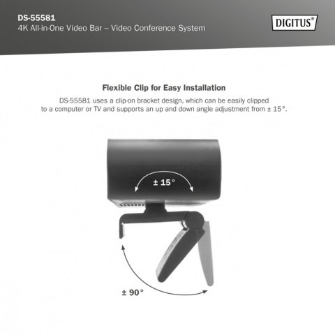 System wideokonferencji 4K ePTZ szeroki kąt 90° Sensor 3.0'' 8MP Hi-Fi, 2 mikrofony, pilot Digitus