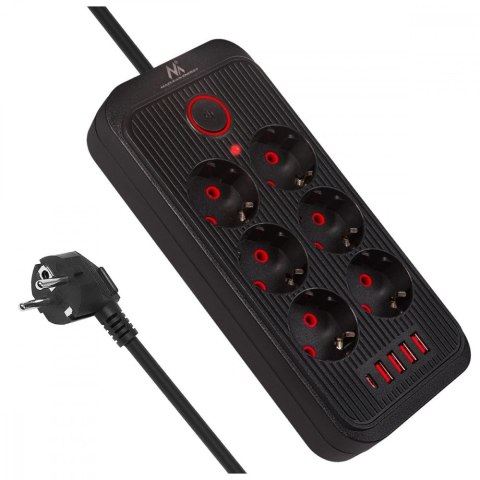 Listwa zasilająca MCE389 B 6 gniazd 4xUSB-A, 1xUSB-C 110-240V AC 50/60Hz, 2.1A max 2500W, czarna