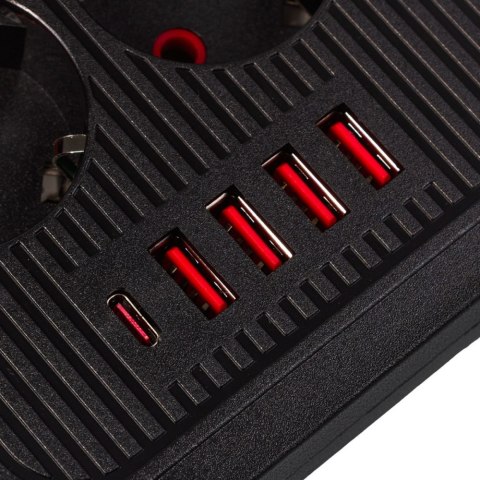 Listwa zasilająca MCE389 B 6 gniazd 4xUSB-A, 1xUSB-C 110-240V AC 50/60Hz, 2.1A max 2500W, czarna