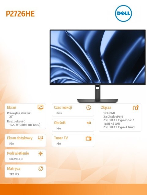 Monitor P2726HE 27 cali IPS FHD (1920x1080)/16:9/HDMI/2xDP/2xUSB/3xUSB-C/RJ45/3Y