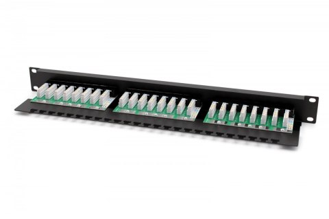 Panel krosowy (patch panel) 19'' 24x RJ45, LSA poziom, kat.6, nieekranowany, 1U, prowadnica kabli, pola opisowe, czarny