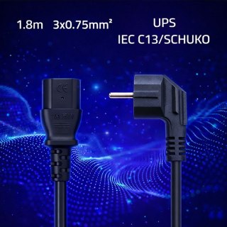Kabel zasilający | wtyczka kątowa SCHUKO CEE 7/7 (E/F) | IEC C13 | 3x0.75mm2 | czysta miedź Cu | 1.8m