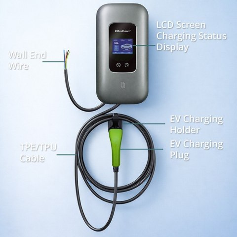 Stacja ładowania do samochodu elektrycznego i hybryd | 3fazy | 22kW | 32A | Wi-Fi | LCD | RFID | TUYA | 5m