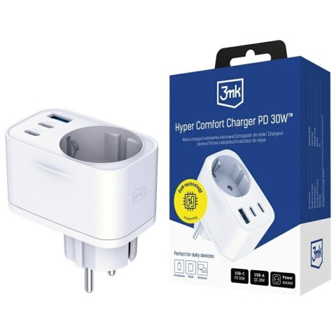 Adapter sieciowy Hyper Charger 30W 1xUSB-A 2xUSB-C 1x Schuko PD QC 3.0 białt