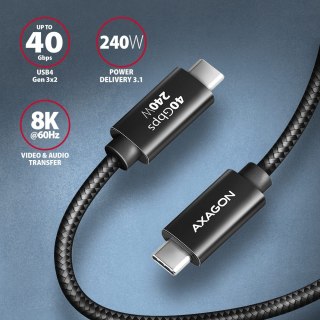 BUCM4X-CM10AB Kabel USB-C - USB-C, USB4 Gen 3x2 1m, PD 240W, 8K HD, ALU, oplot Czarny AXAGON