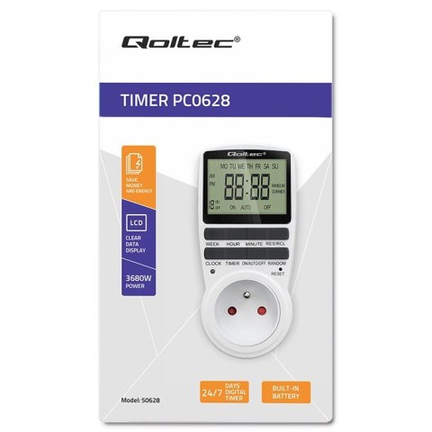Elektroniczny programator czasowy PC0628 | 3680W | 16A | LCD Qoltec