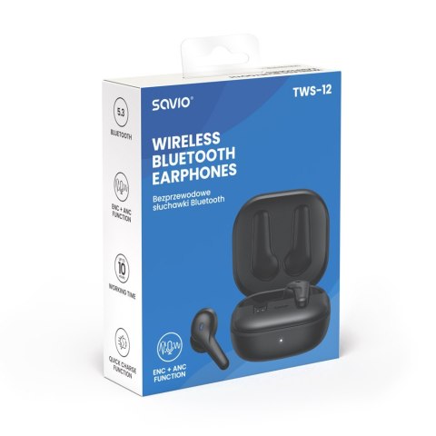 Słuchawki bezprzewodowe Bluetooth 5.3 z mikrofonem, ANC, ENC, QC, TWS-12 Savio