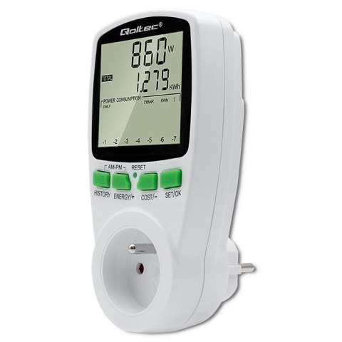Watomierz Licznik zużycia energii PM0627 z historią pomiaru | 3680W | 16A | LCD Qoltec