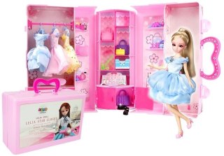 Lalka Modelka Zestaw Ubrań Garderoba Biżuteria w Walizce Blond LEAN Toys