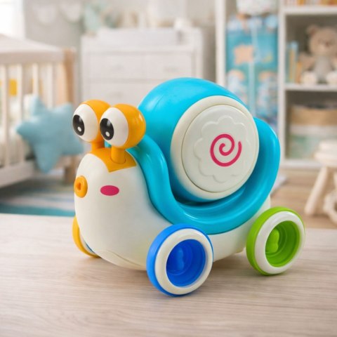 Interaktywny Ślimak Jeżdżący Bębenek Muzyczny Edukacyjny Niebieski LEAN Toys