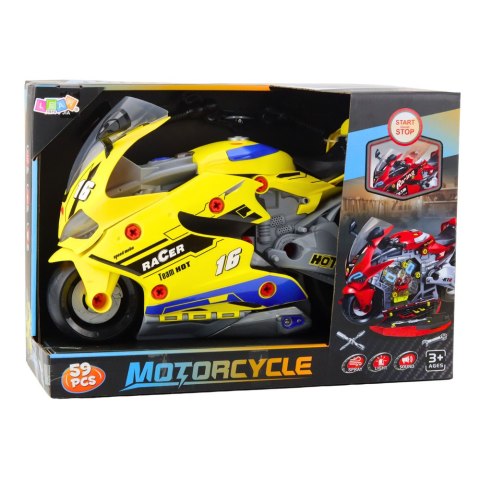 Motocykl Do Rozkręcania 2w1 DIY Warsztat Światła Dźwięki Dym Żółty 43cm