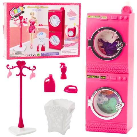 Zestaw Pralnia Dla Lalek Pralka Suszarka Wieszak Kosz Różowe LEAN Toys