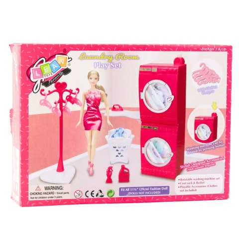 Zestaw Pralnia Dla Lalek Pralka Suszarka Wieszak Kosz Różowe LEAN Toys