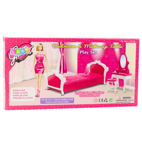 Zestaw Sypialnia Dla Lalek Toaletka Krzesełko Łóżko Różowe LEAN Toys