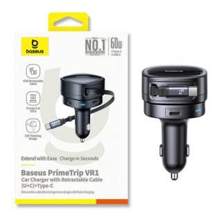 Ładowarka samochodowa USB-A USB-C ze zwijanym kablem USB-C 60W - czarna BASEUS