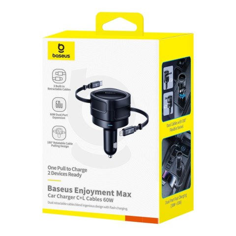 Ładowarka samochodowa ze zwijanymi kablami USB-C iPhone Lightning 60W - czarna BASEUS