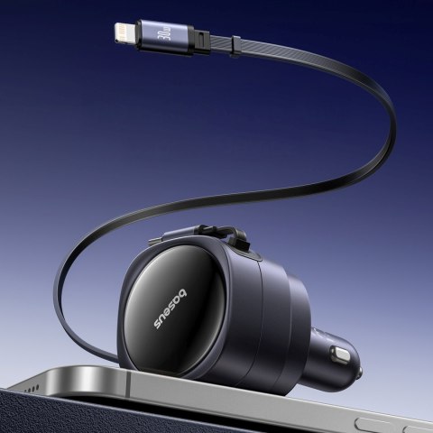 Ładowarka samochodowa ze zwijanymi kablami USB-C iPhone Lightning 60W - czarna BASEUS