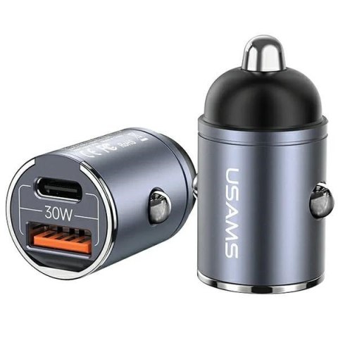 Ładowarka samochodowa 30W 1xUSB+1xUSB-C C38 Fast Charge Stalowa USAMS