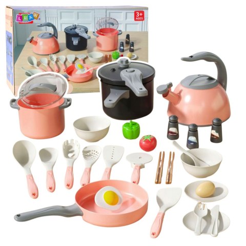 Zestaw Kuchenny Garnki Akcesoria Do Gotowania Jedzenie Różowe 32 el. LEAN Toys