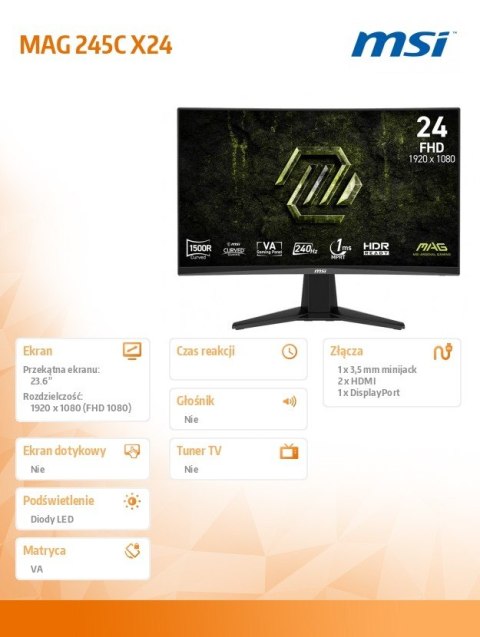 Monitor 23.6 cala MAG 245C X24 LED/FHD/Curved/240Hz/czarny