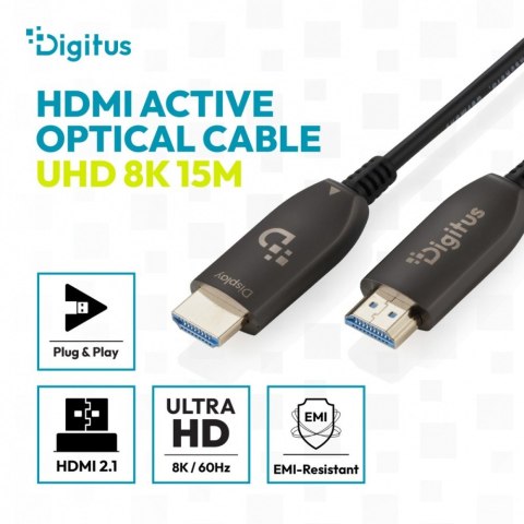Kabel połączeniowy hybrydowy HDMI AOC | HDMI-A męski-męski | HDMI 2.1 | UHD-2 8K@60Hz | 48Gbps |HDR, eARC, HDCP 2.2, CEC | 15m