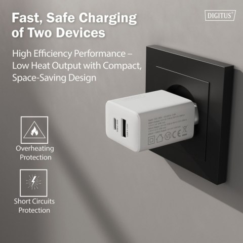 Ładowarka sieciowa GaN II 30W | 1x USB-C, 1x USB-A | PD 3.0, QC 3.0 | Biała