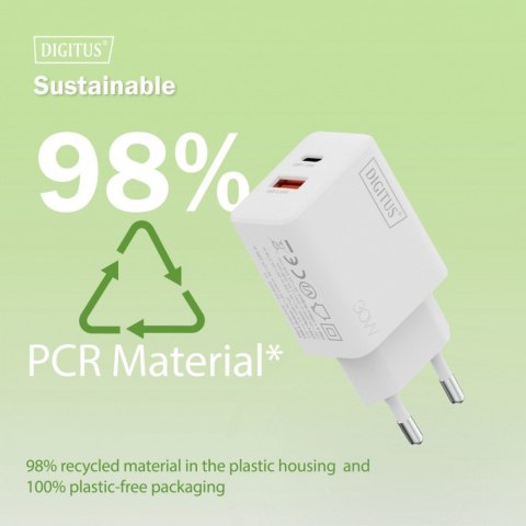 Ładowarka sieciowa GaN II 30W | 1x USB-C, 1x USB-A | PD 3.0, QC 3.0 | Biała