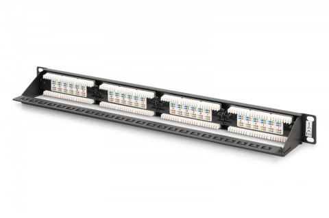 Panel krosowy (patch panel) 19'' 24x RJ45, LSA pion, kat.6, nieekranowany, 1U, prowadnica kabli, pola opisowe, Czarny