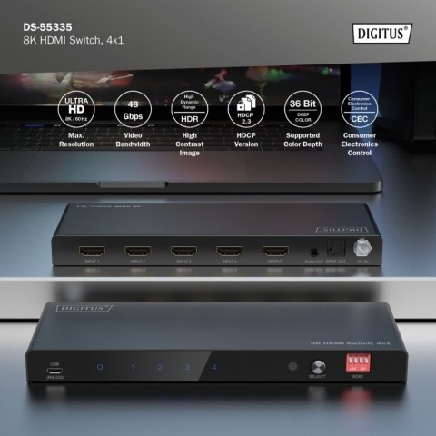Przełącznik / Switch HDMI 4x1, 8K/60Hz (4:4:4) z HDR, 48 Gbps, HDCP 2.3, Toslink / Stereo, EDID